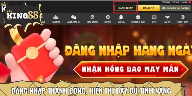 Đăng nhập thành công, hiển thị đầy đủ tính năng nổi bật